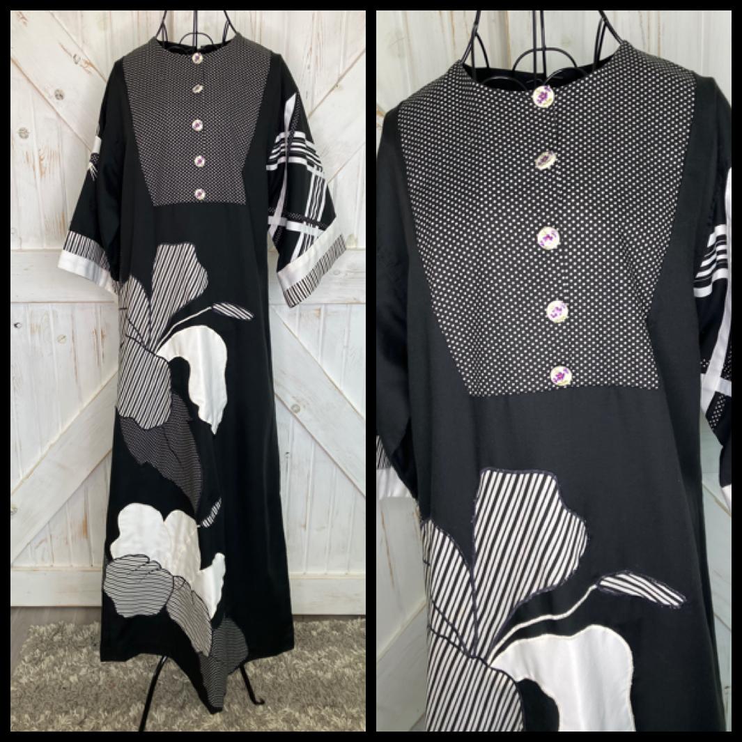 80's Vintage Alfredo's Wife Black White Polka Dot Stripe Patchwork Kaftan Caftan Maxi Dress