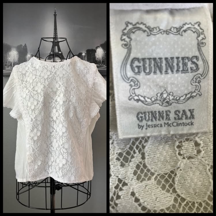 80's Vintage Gunne Sax Gunnies White Lace Prairie Blouse Shirt