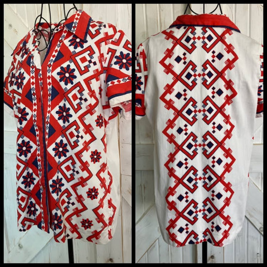 70's Vintage Alex Coleman California Red White Blue Tiki Hawaiian Blouse Top