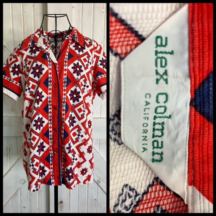 70's Vintage Alex Coleman California Red White Blue Tiki Hawaiian Blouse Top