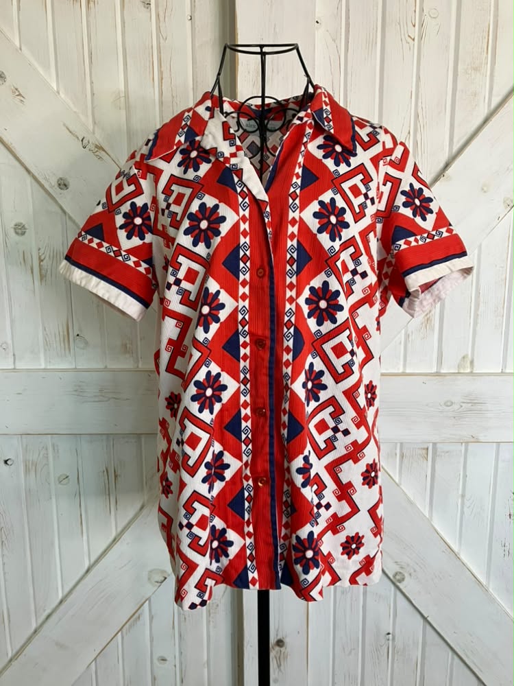 70's Vintage Alex Coleman California Red White Blue Tiki Hawaiian Blouse Top