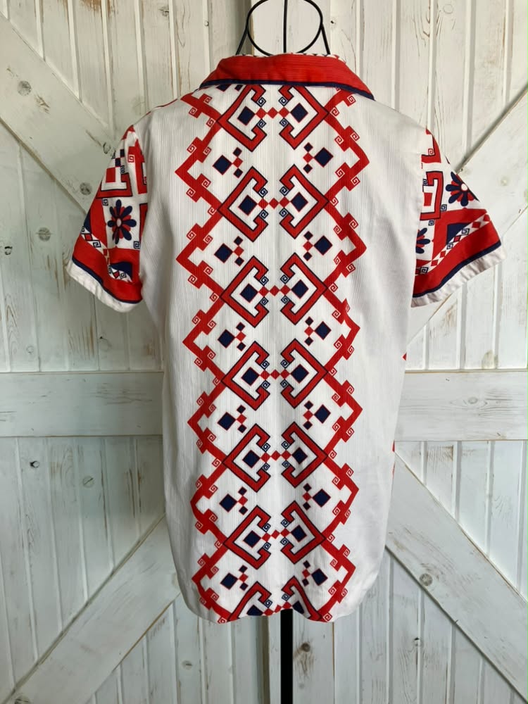 70's Vintage Alex Coleman California Red White Blue Tiki Hawaiian Blouse Top
