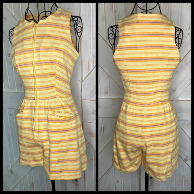 60's Vintage Paraphernalia Youthquake Betsey Johnson Yellow Pink Purple Stripe Romper Mini Jumper Playsuit RARE *FLAWS