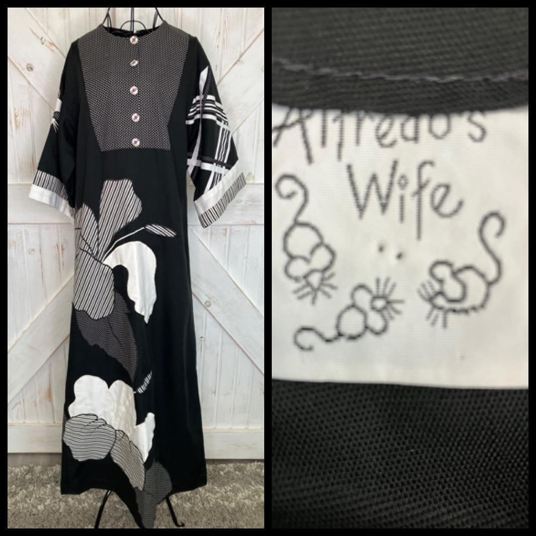 80's Vintage Alfredo's Wife Black White Polka Dot Stripe Patchwork Kaftan Caftan Maxi Dress