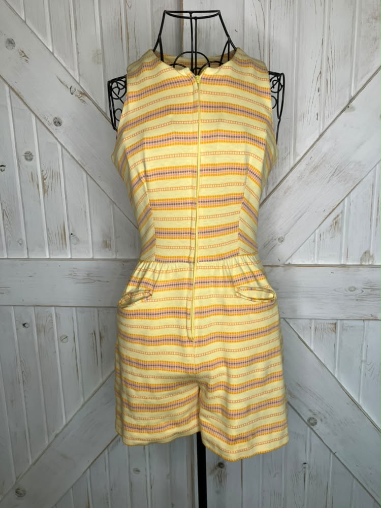 60's Vintage Paraphernalia Youthquake Betsey Johnson Yellow Pink Purple Stripe Romper Mini Jumper Playsuit RARE *FLAWS