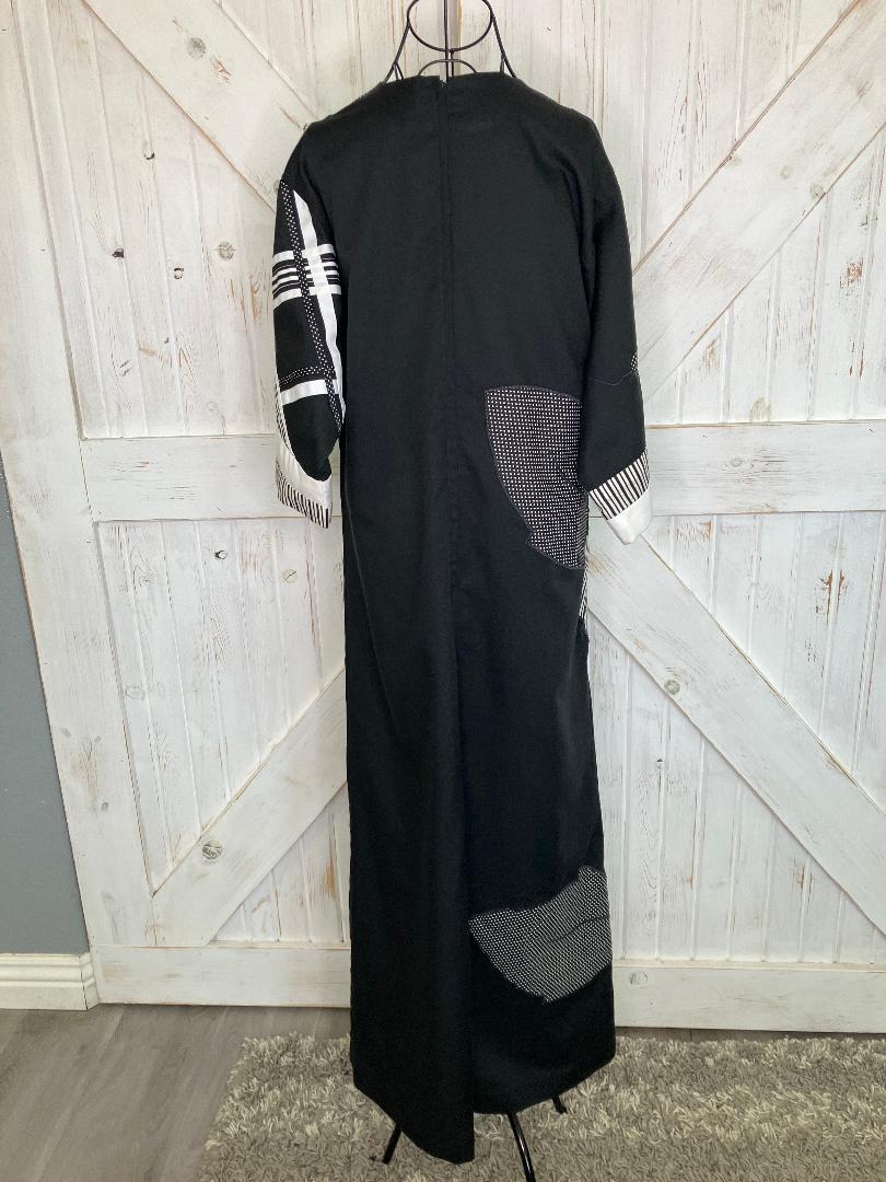 80's Vintage Alfredo's Wife Black White Polka Dot Stripe Patchwork Kaftan Caftan Maxi Dress