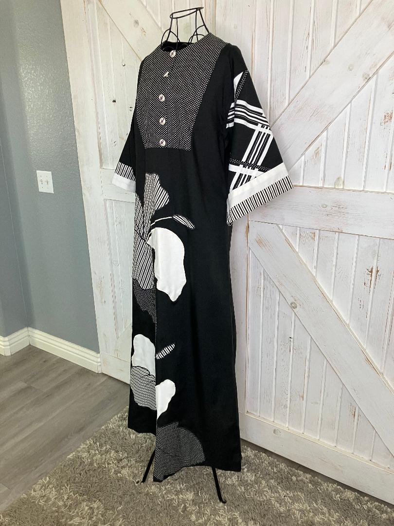 80's Vintage Alfredo's Wife Black White Polka Dot Stripe Patchwork Kaftan Caftan Maxi Dress
