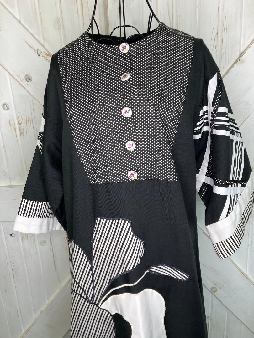 80's Vintage Alfredo's Wife Black White Polka Dot Stripe Patchwork Kaftan Caftan Maxi Dress