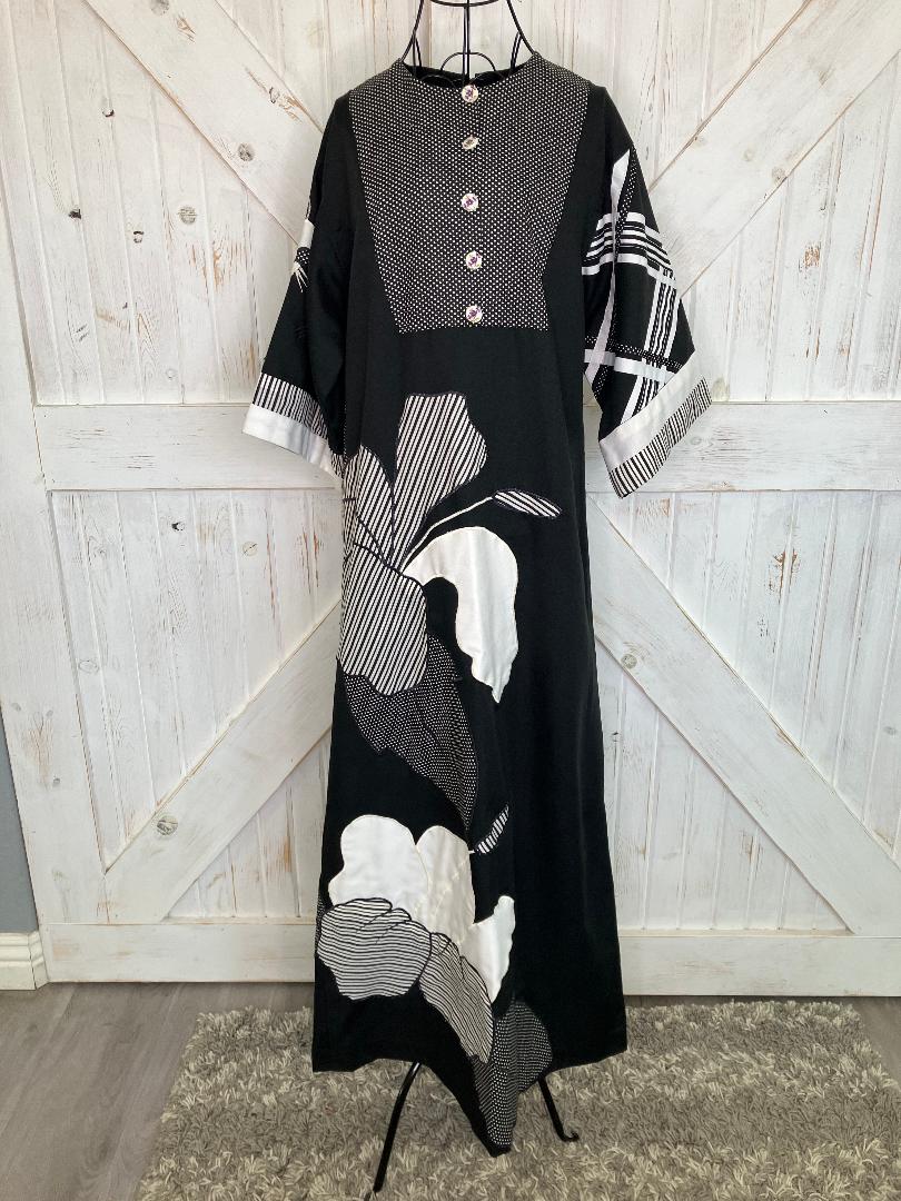 80's Vintage Alfredo's Wife Black White Polka Dot Stripe Patchwork Kaftan Caftan Maxi Dress