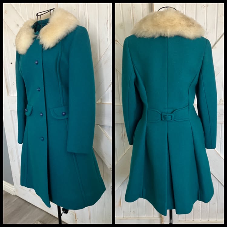 60's Vintage Teal Blue Green White Fur Collar Mod Peacoat Coat Jacket