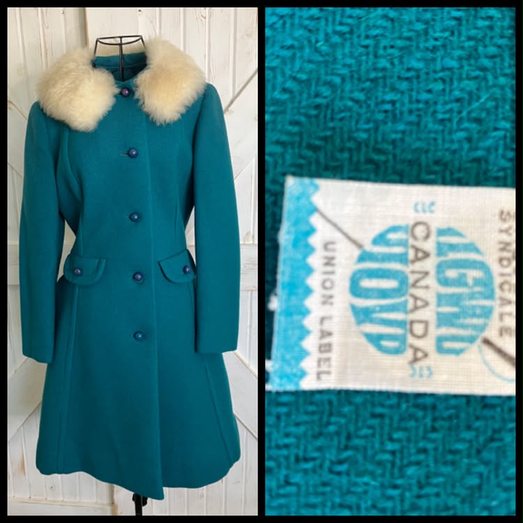 60's Vintage Teal Blue Green White Fur Collar Mod Peacoat Coat Jacket
