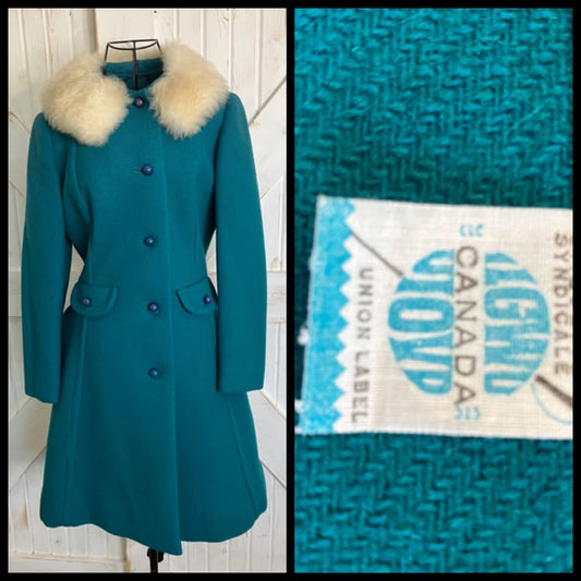 60's Vintage Teal Blue Green White Fur Collar Mod Peacoat Coat Jacket