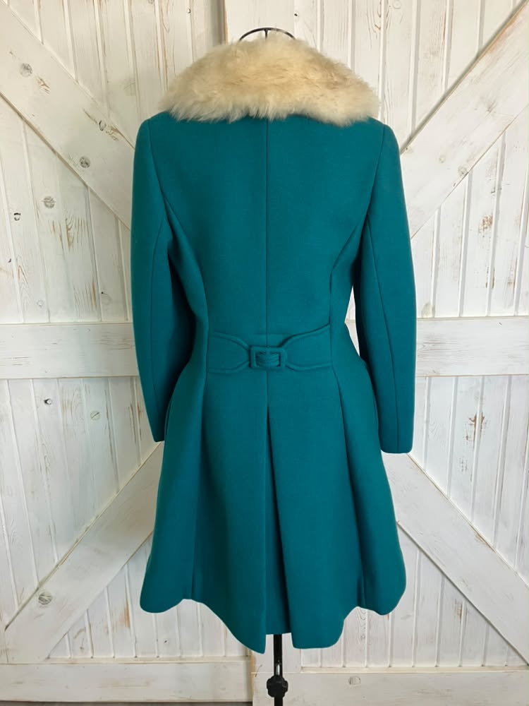 60's Vintage Teal Blue Green White Fur Collar Mod Peacoat Coat Jacket