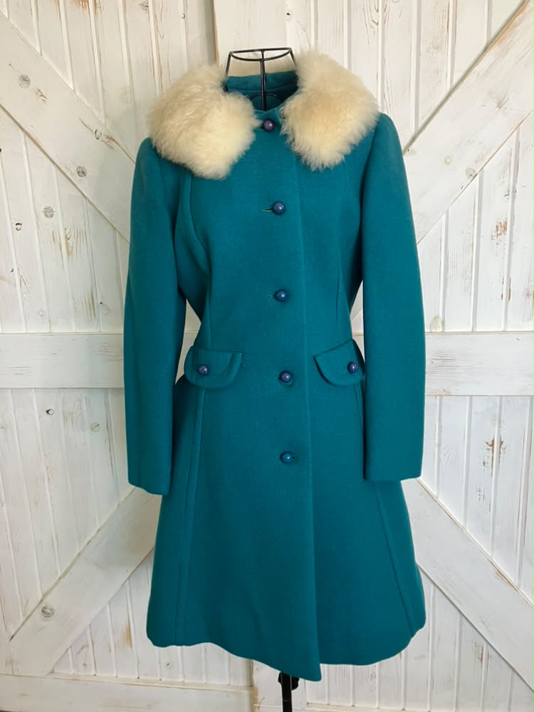60's Vintage Teal Blue Green White Fur Collar Mod Peacoat Coat Jacket