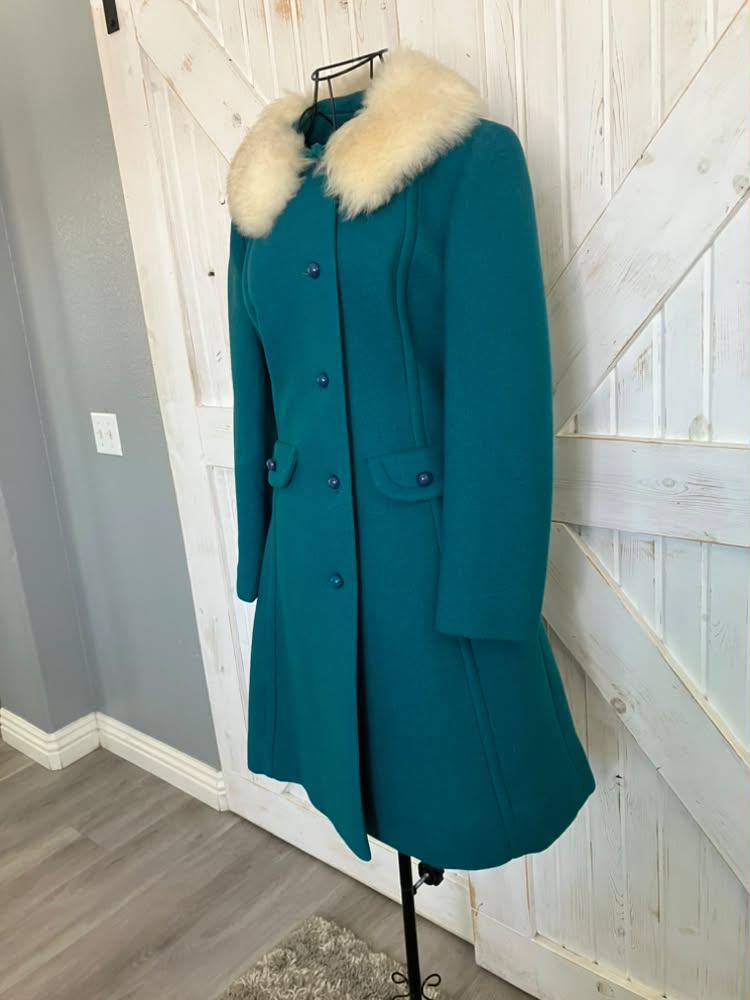 60's Vintage Teal Blue Green White Fur Collar Mod Peacoat Coat Jacket