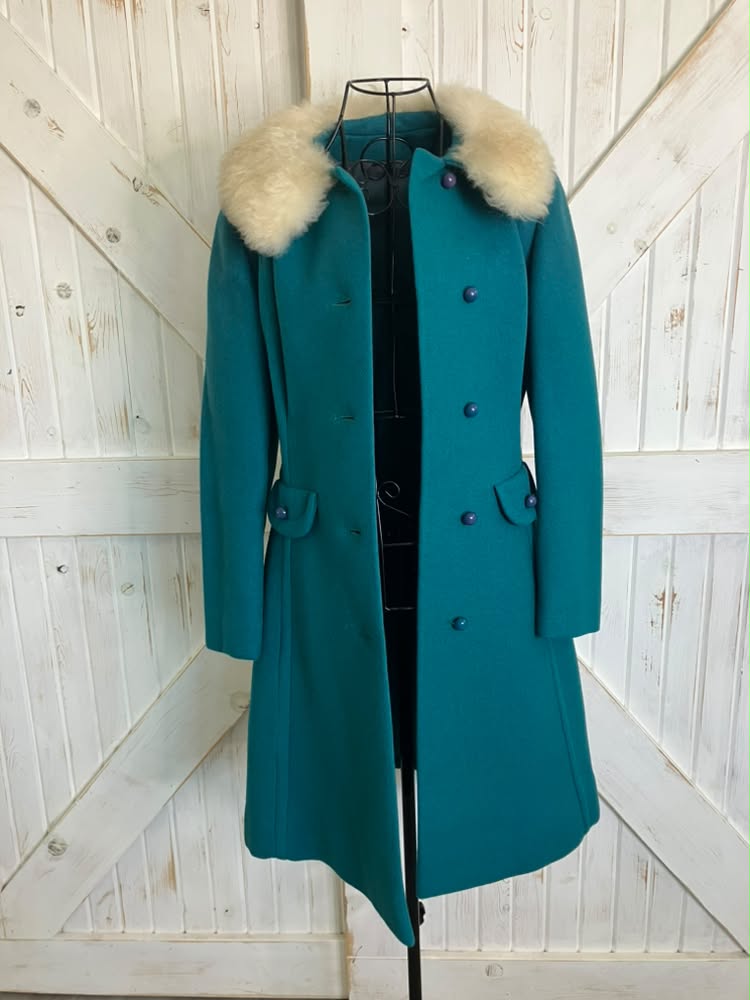60's Vintage Teal Blue Green White Fur Collar Mod Peacoat Coat Jacket