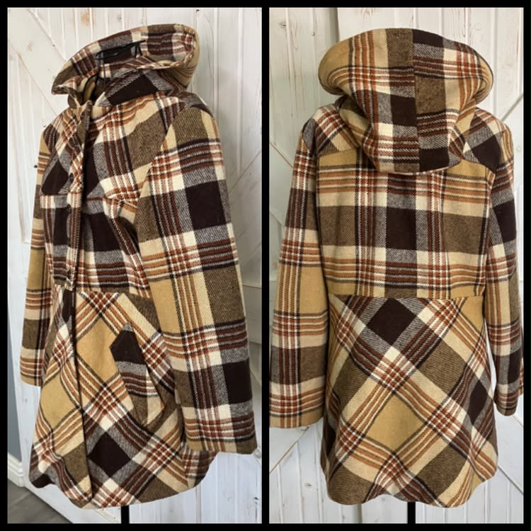 60's Vintage Sears Fashion Brown Beige Plaid Mod Marsha Brady Hooded Hoodie Pea Coat Jacket