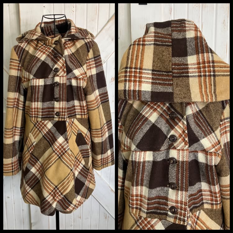 60's Vintage Sears Fashion Brown Beige Plaid Mod Marsha Brady Hooded Hoodie Pea Coat Jacket
