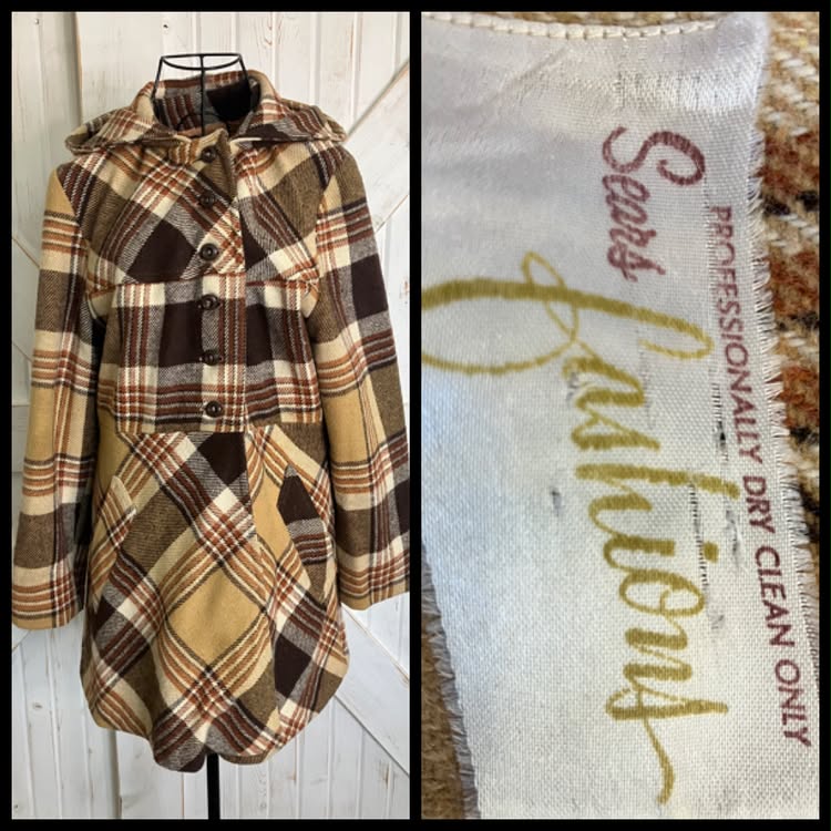 60's Vintage Sears Fashion Brown Beige Plaid Mod Marsha Brady Hooded Hoodie Pea Coat Jacket