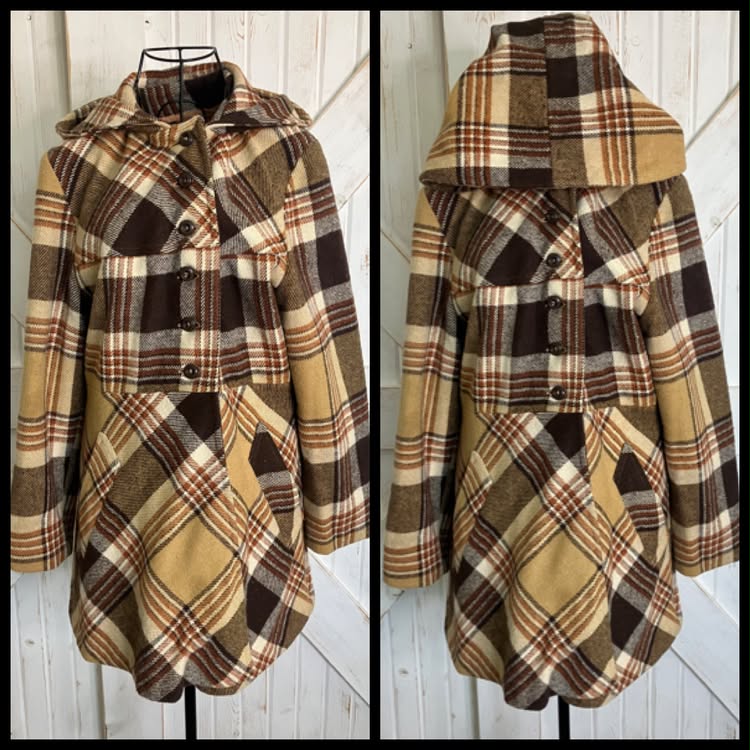 60's Vintage Sears Fashion Brown Beige Plaid Mod Marsha Brady Hooded Hoodie Pea Coat Jacket