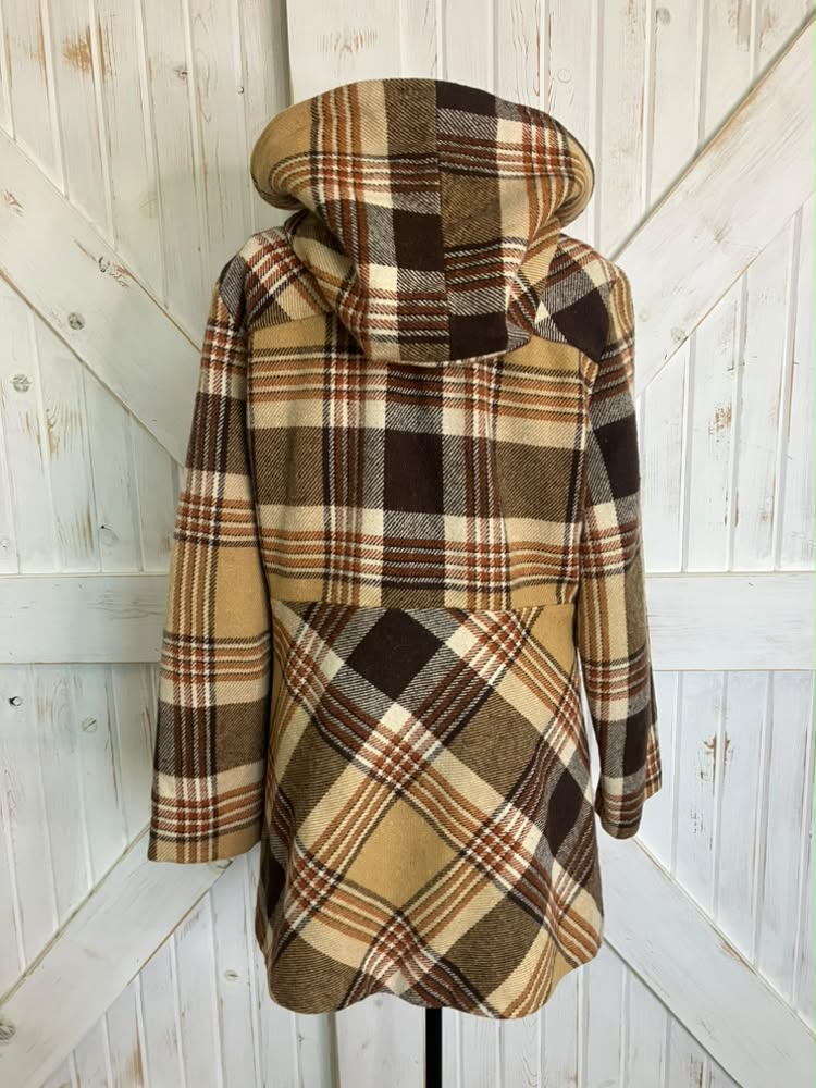 60's Vintage Sears Fashion Brown Beige Plaid Mod Marsha Brady Hooded Hoodie Pea Coat Jacket