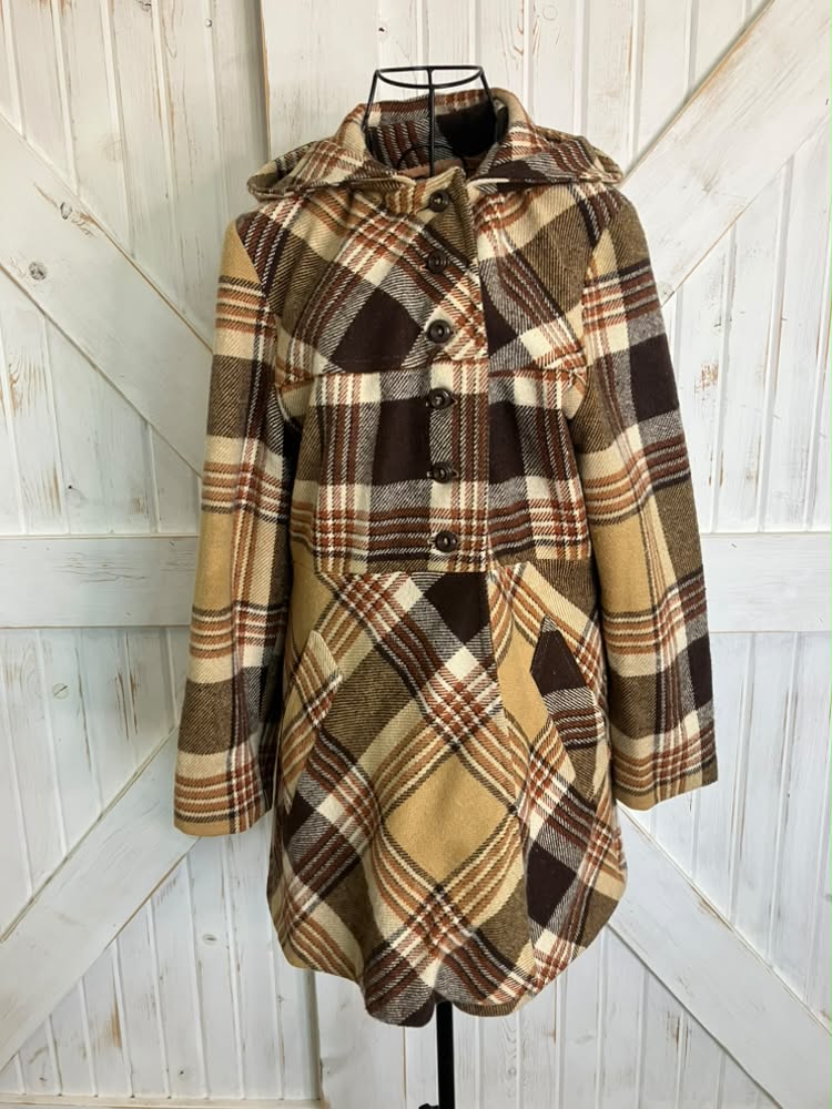 60's Vintage Sears Fashion Brown Beige Plaid Mod Marsha Brady Hooded Hoodie Pea Coat Jacket