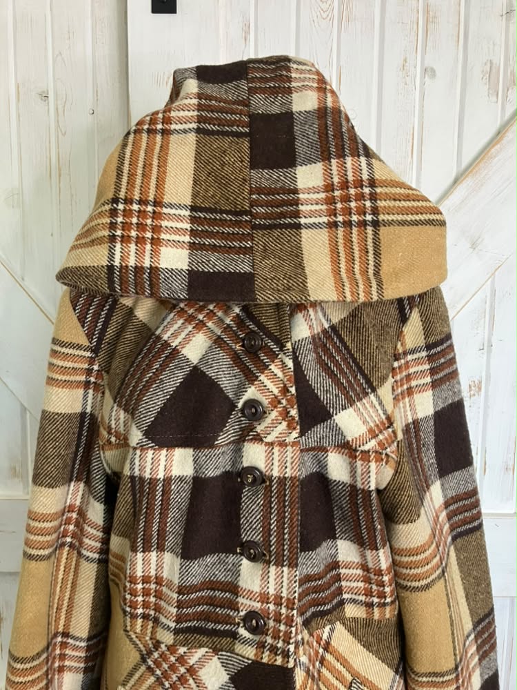 60's Vintage Sears Fashion Brown Beige Plaid Mod Marsha Brady Hooded Hoodie Pea Coat Jacket