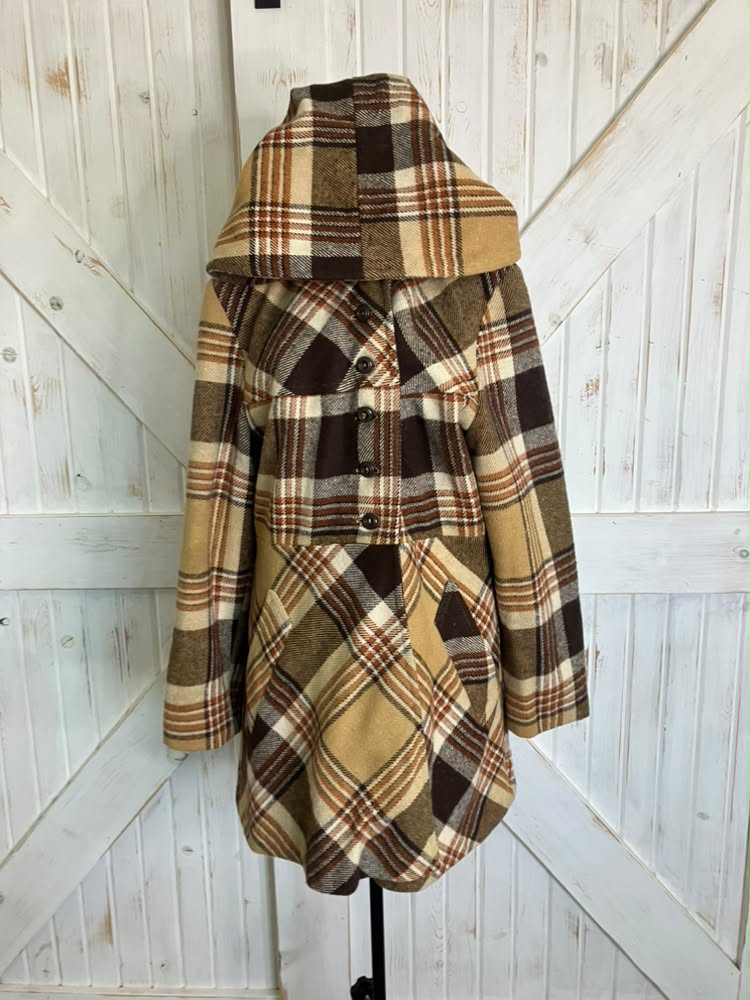 60's Vintage Sears Fashion Brown Beige Plaid Mod Marsha Brady Hooded Hoodie Pea Coat Jacket