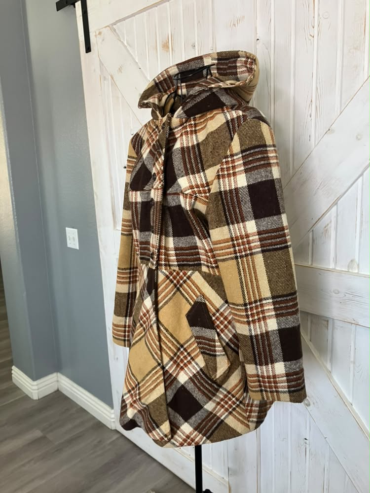 60's Vintage Sears Fashion Brown Beige Plaid Mod Marsha Brady Hooded Hoodie Pea Coat Jacket
