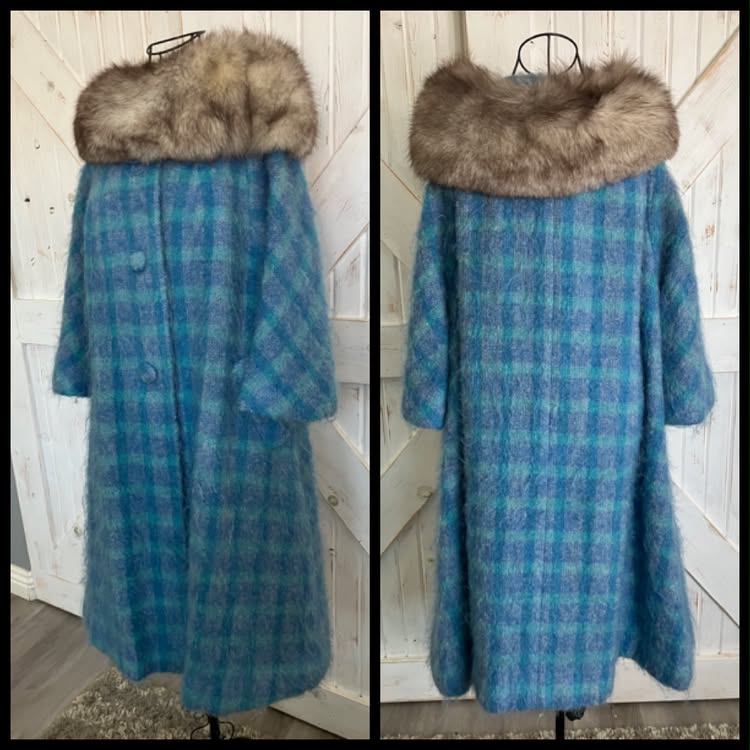 60's Vintage Lilli Ann Teal Blue Plaid Mohair Mod Mcm Fur Collar Swing Coat