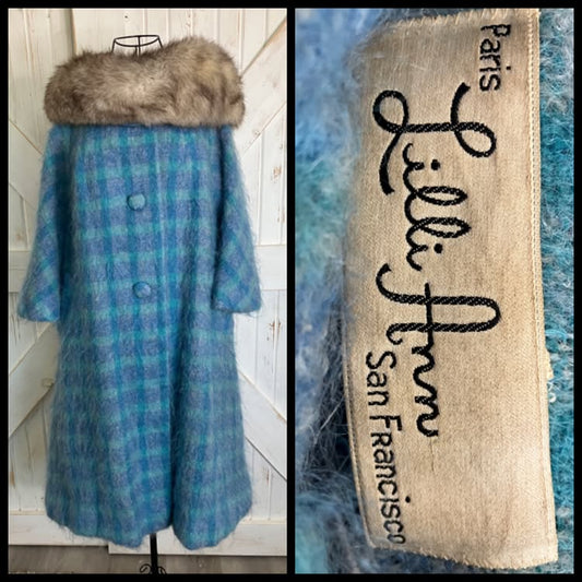 60's Vintage Lilli Ann Teal Blue Plaid Mohair Mod Mcm Fur Collar Swing Coat
