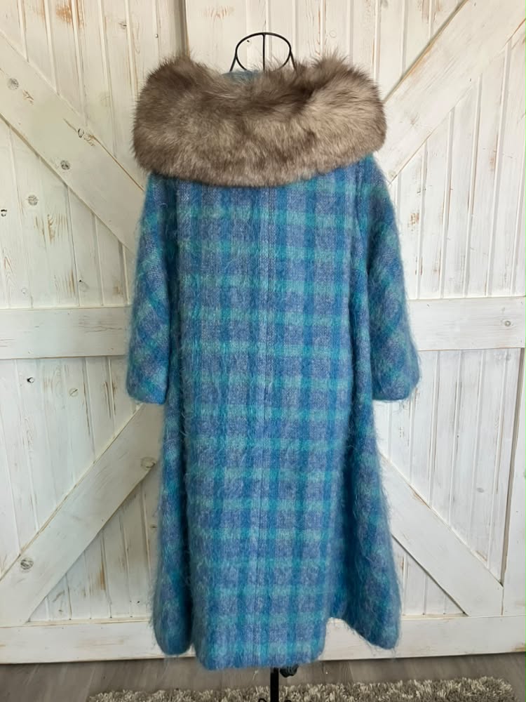 60's Vintage Lilli Ann Teal Blue Plaid Mohair Mod Mcm Fur Collar Swing Coat