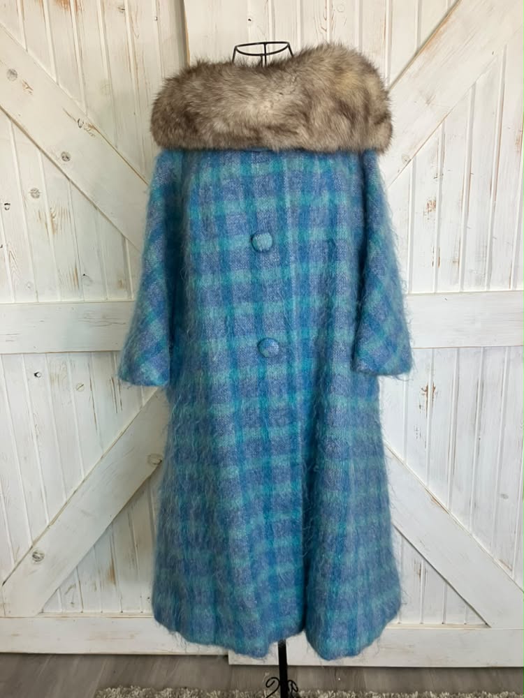 60's Vintage Lilli Ann Teal Blue Plaid Mohair Mod Mcm Fur Collar Swing Coat