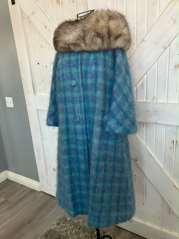 60's Vintage Lilli Ann Teal Blue Plaid Mohair Mod Mcm Fur Collar Swing Coat