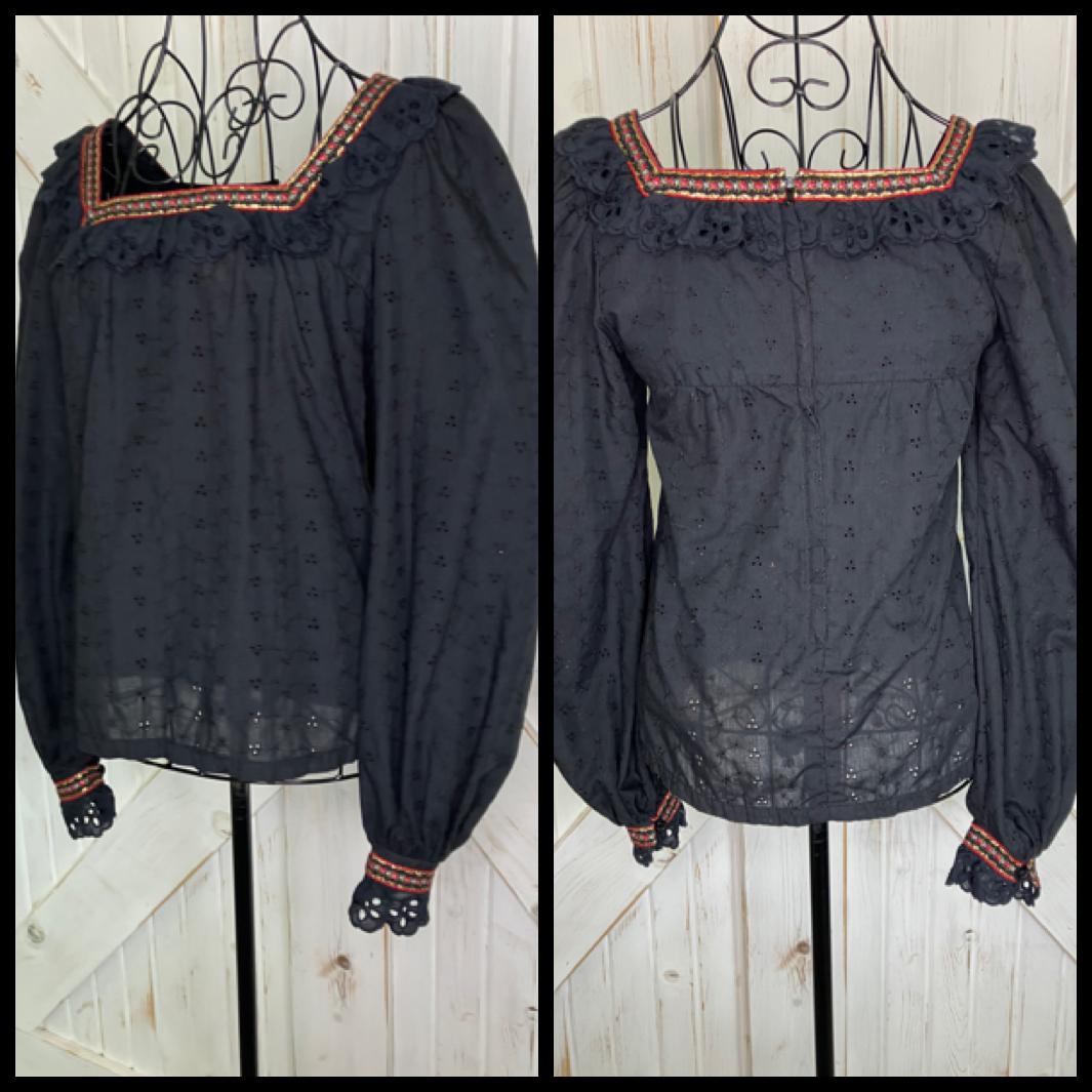 70's Vintage Gunne Sax Jessica's Gunnies Black Eyelet Prairie Blouse Top Shirt 9