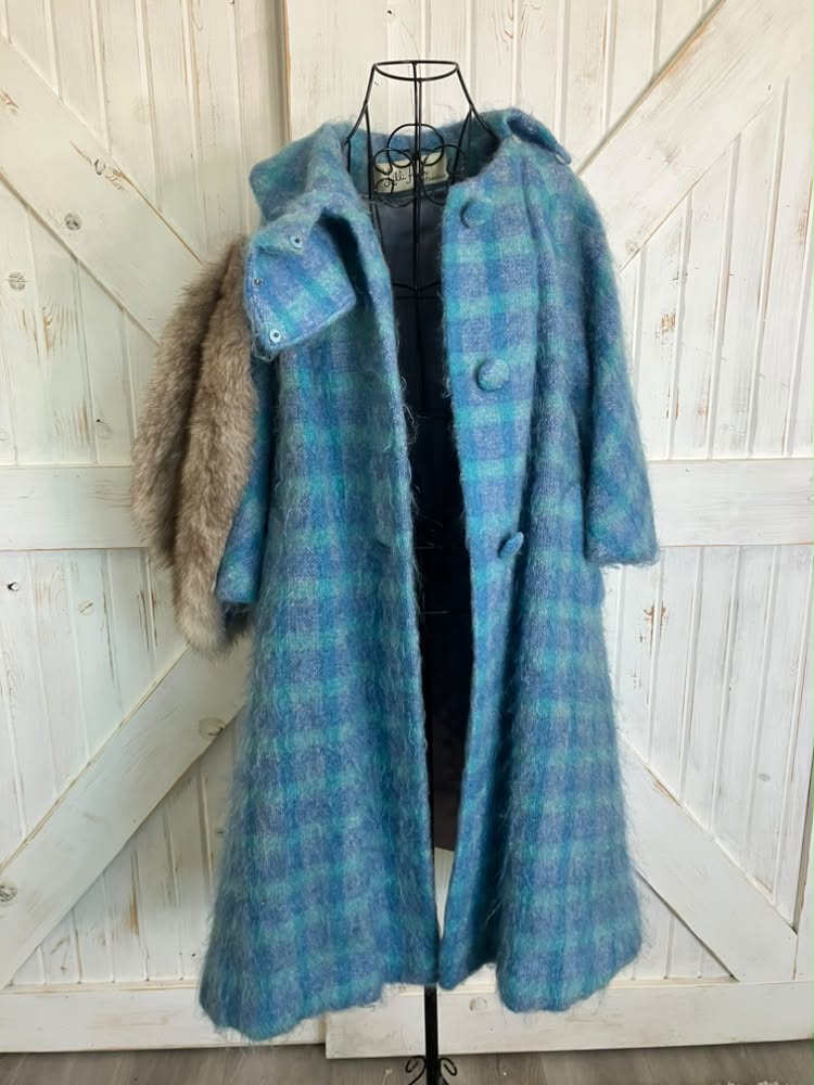 60's Vintage Lilli Ann Teal Blue Plaid Mohair Mod Mcm Fur Collar Swing Coat