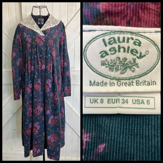 80's Vintage Laura Ashley Purple Red Blue Green Floral Corduroy White Lace Midi Dress