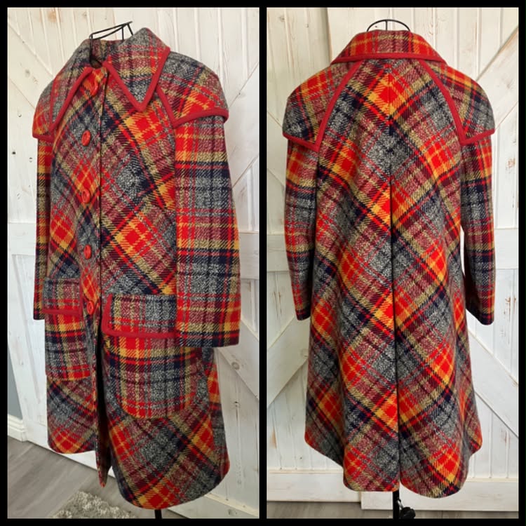 70's Vintage The 1300 Collection Holt Renfrew Penny Lane Mod Go Go Red Gray Yellow Plaid Wool Pea Coat Jacket