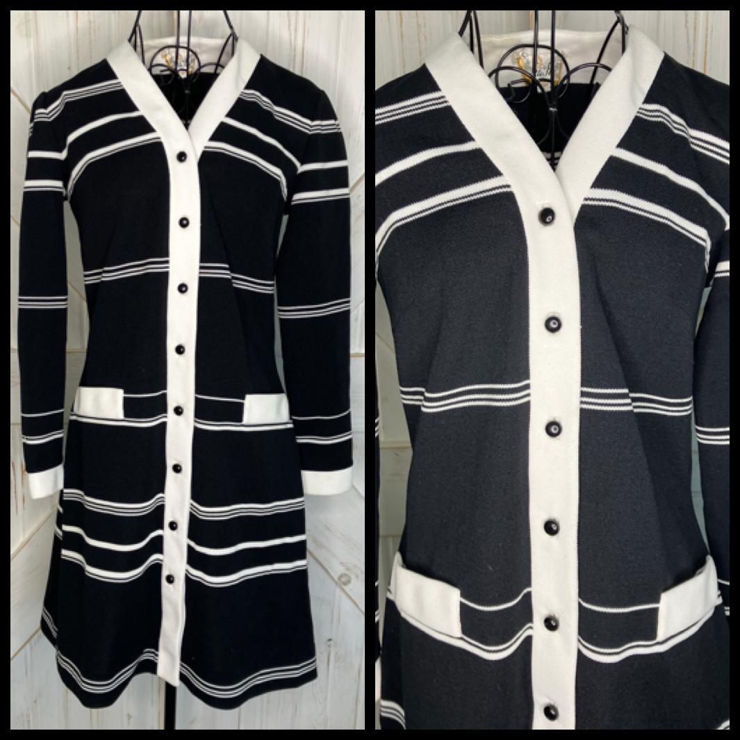 60's Vintage Butte Knit Black White Stripe Jackie Mod Go Go Twiggy Mini Dress