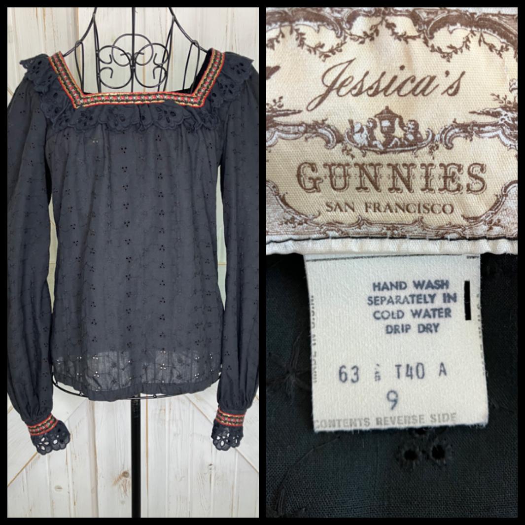 70's Vintage Gunne Sax Jessica's Gunnies Black Eyelet Prairie Blouse Top Shirt 9