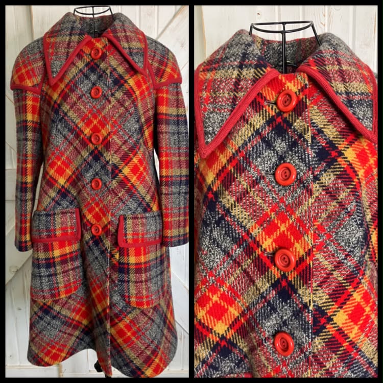 70's Vintage The 1300 Collection Holt Renfrew Penny Lane Mod Go Go Red Gray Yellow Plaid Wool Pea Coat Jacket