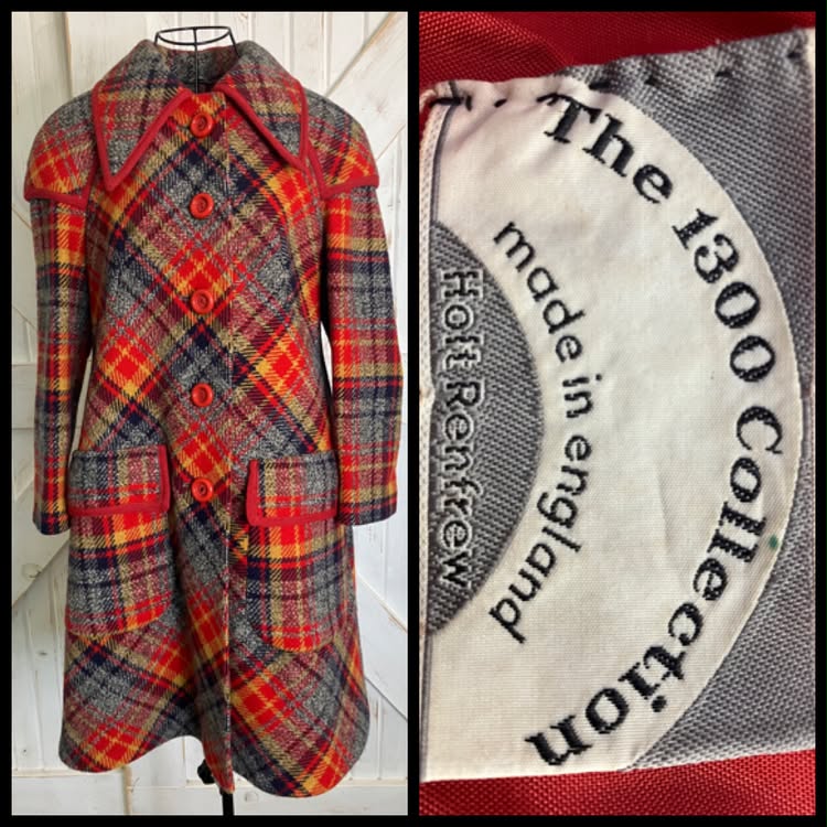 70's Vintage The 1300 Collection Holt Renfrew Penny Lane Mod Go Go Red Gray Yellow Plaid Wool Pea Coat Jacket