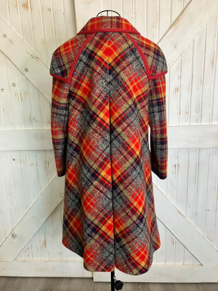 70's Vintage The 1300 Collection Holt Renfrew Penny Lane Mod Go Go Red Gray Yellow Plaid Wool Pea Coat Jacket
