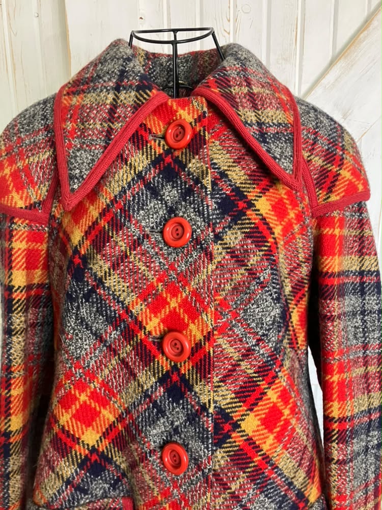 70's Vintage The 1300 Collection Holt Renfrew Penny Lane Mod Go Go Red Gray Yellow Plaid Wool Pea Coat Jacket