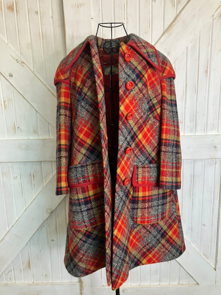 70's Vintage The 1300 Collection Holt Renfrew Penny Lane Mod Go Go Red Gray Yellow Plaid Wool Pea Coat Jacket