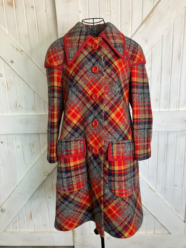 70's Vintage The 1300 Collection Holt Renfrew Penny Lane Mod Go Go Red Gray Yellow Plaid Wool Pea Coat Jacket
