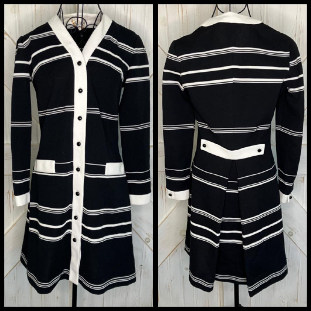60's Vintage Butte Knit Black White Stripe Jackie Mod Go Go Twiggy Mini Dress