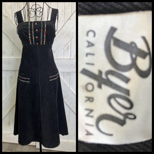 70's Vintage Byer California Black Corduroy Rainbow Calico Midi Sundress Dress