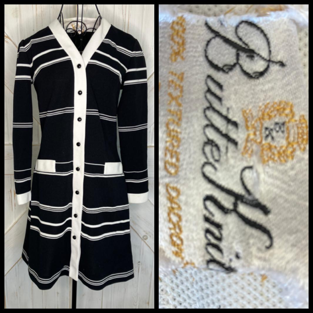 60's Vintage Butte Knit Black White Stripe Jackie Mod Go Go Twiggy Mini Dress