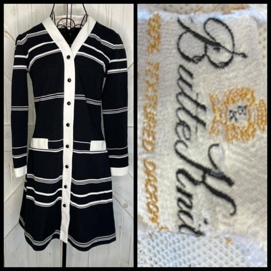 60's Vintage Butte Knit Black White Stripe Jackie Mod Go Go Twiggy Mini Dress